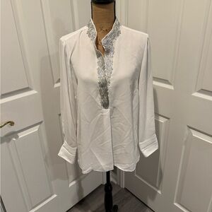 NIC+ZOE White Blouse with Silver Embroidered Neckline